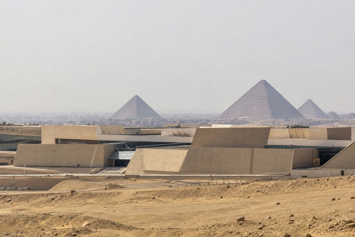 The Grand Egyptian Museum with the Giza pyramids beyond