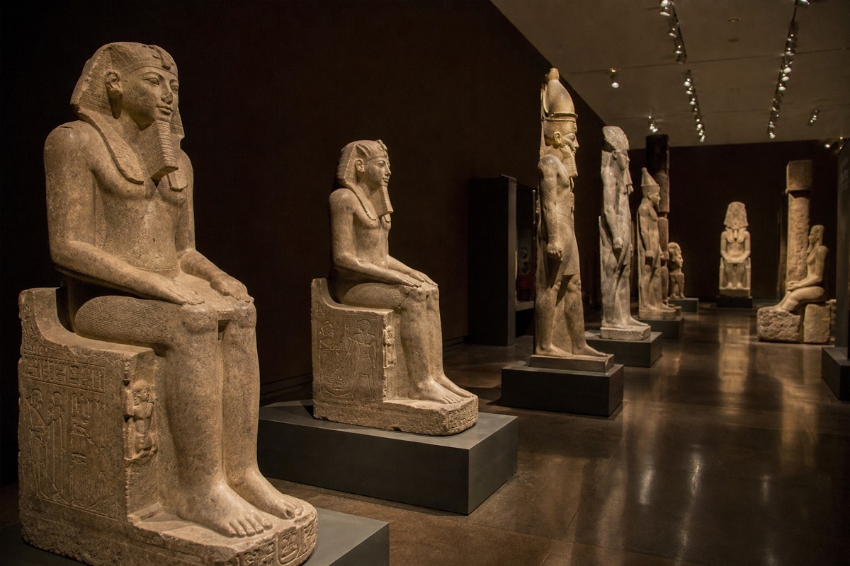 Statuary in the main galleries of the Grand Egyptian Museum