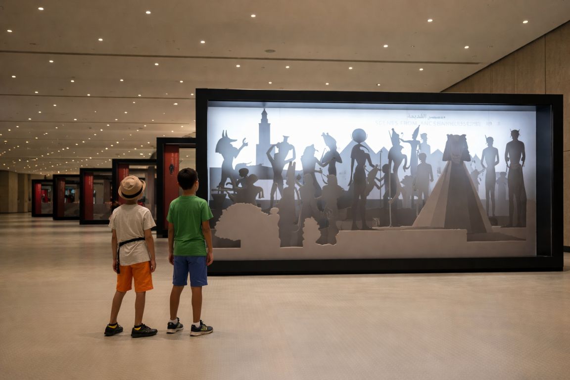 Children exploring interactive exhibit at the Grand Egyptian Museum during a family tour with The Grand Egyptian Museum Tickets