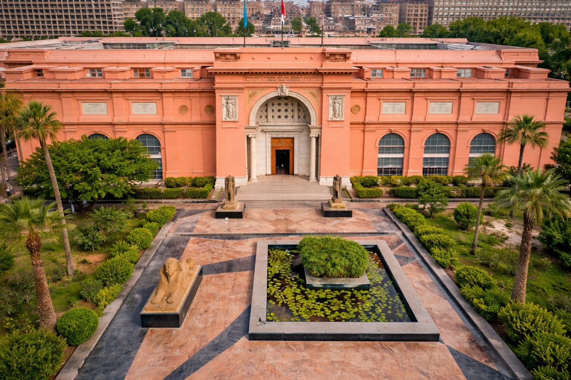 Egyptian Museum in Tahrir Square courtyard with ancient statues and reflecting pool during a The Grand Egyptian Museum Tickets visit