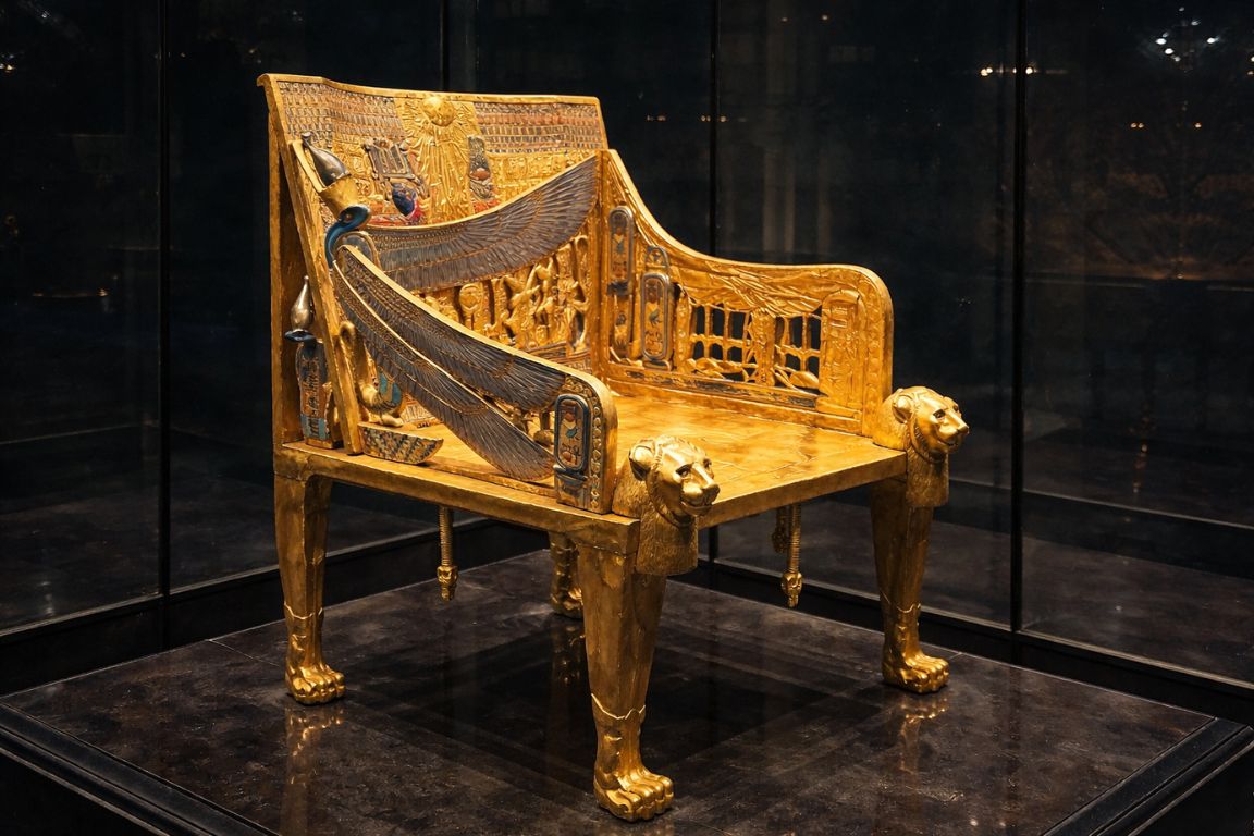 Golden Throne of Tutankhamun displayed inside the Grand Egyptian Museum during a tour with The Grand Egyptian Museum Tickets