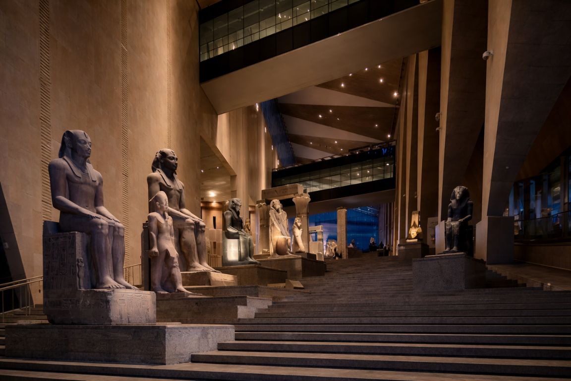 Majestic Grand Staircase inside the Grand Egyptian Museum showcasing historical statues during a The Grand Egyptian Museum Tickets tour