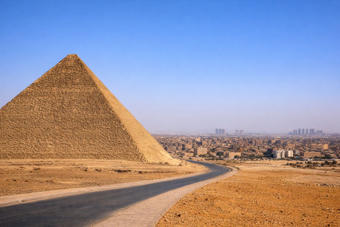 Great Pyramid of Giza with desert road and Cairo skyline in the background visited during a tour with The Grand Egyptian Museum Tickets