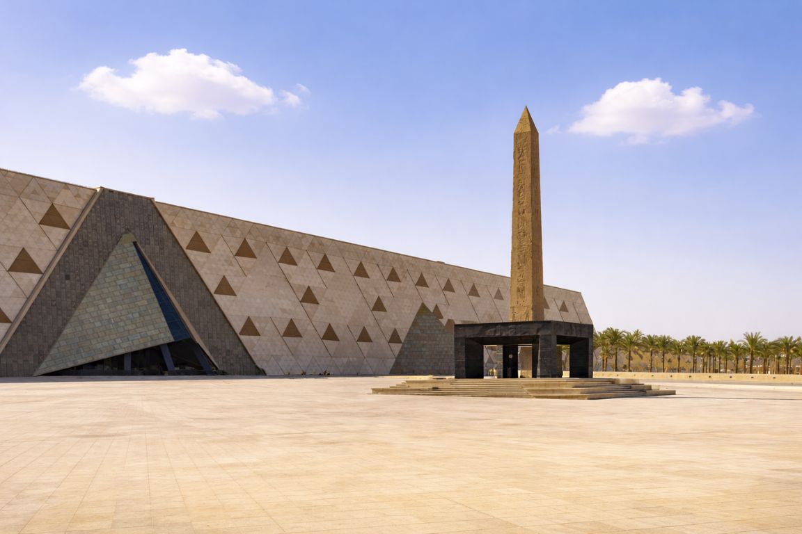 Iconic Hanging Obelisk outside the Grand Egyptian Museum with pyramid-inspired facade visited with The Grand Egyptian Museum Tickets