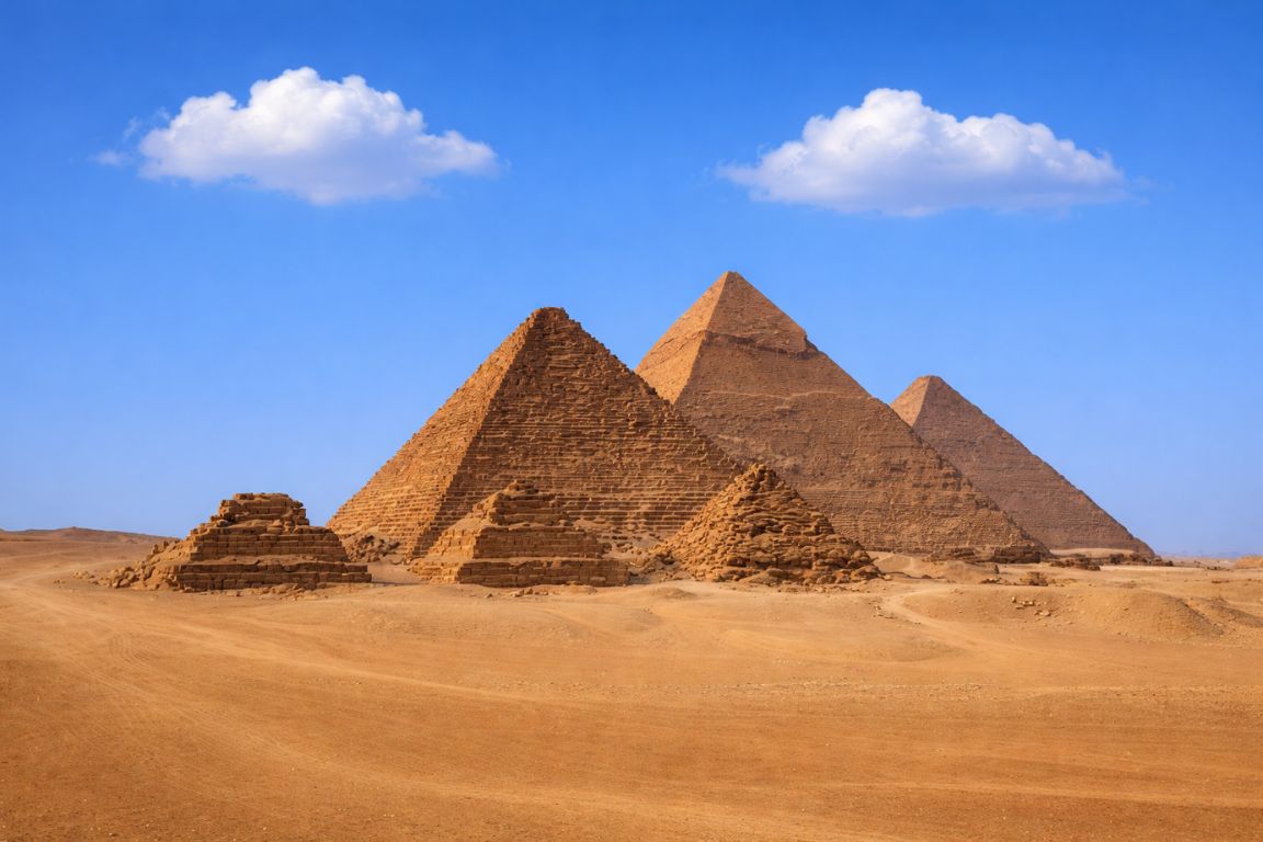 The Pyramids of Giza rising from the desert under a clear blue sky during a guided experience with The Grand Egyptian Museum Tickets