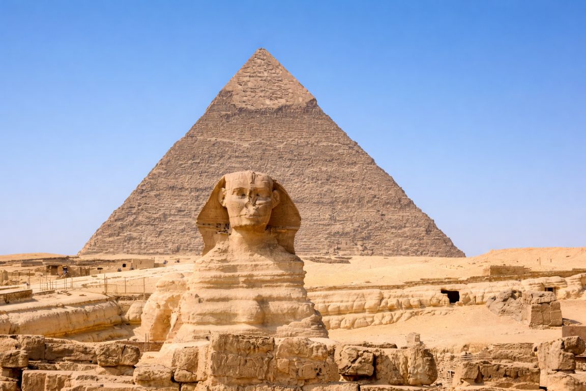 Great Sphinx with Pyramid of Giza in the background visited during a tour with The Grand Egyptian Museum Tickets