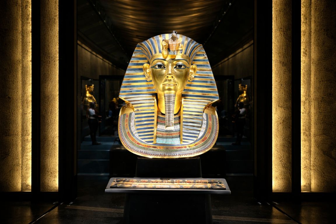 Golden mask of Tutankhamun displayed inside the Grand Egyptian Museum during a guided tour with The Grand Egyptian Museum Tickets